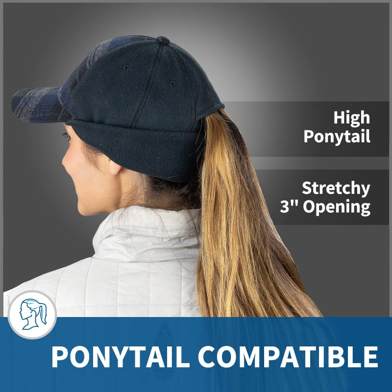 TrailHeads Women's Winter Ponytail Hat | Trucker Hat with Drop Down Ear Warmers - Blue Plaid - Image 4